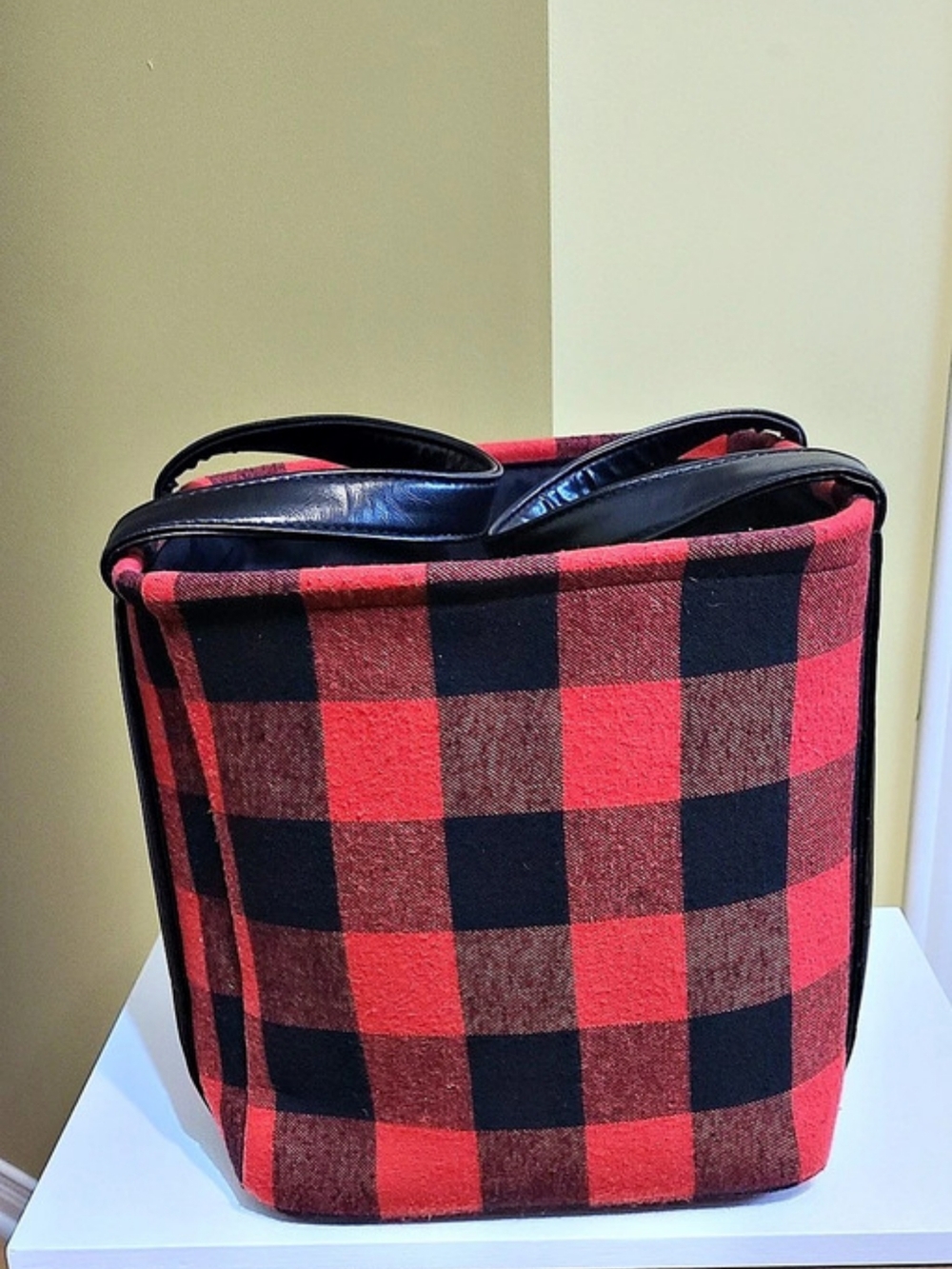 Talbots Buffalo Plaid Drawstring Bucket Bag Red & Black